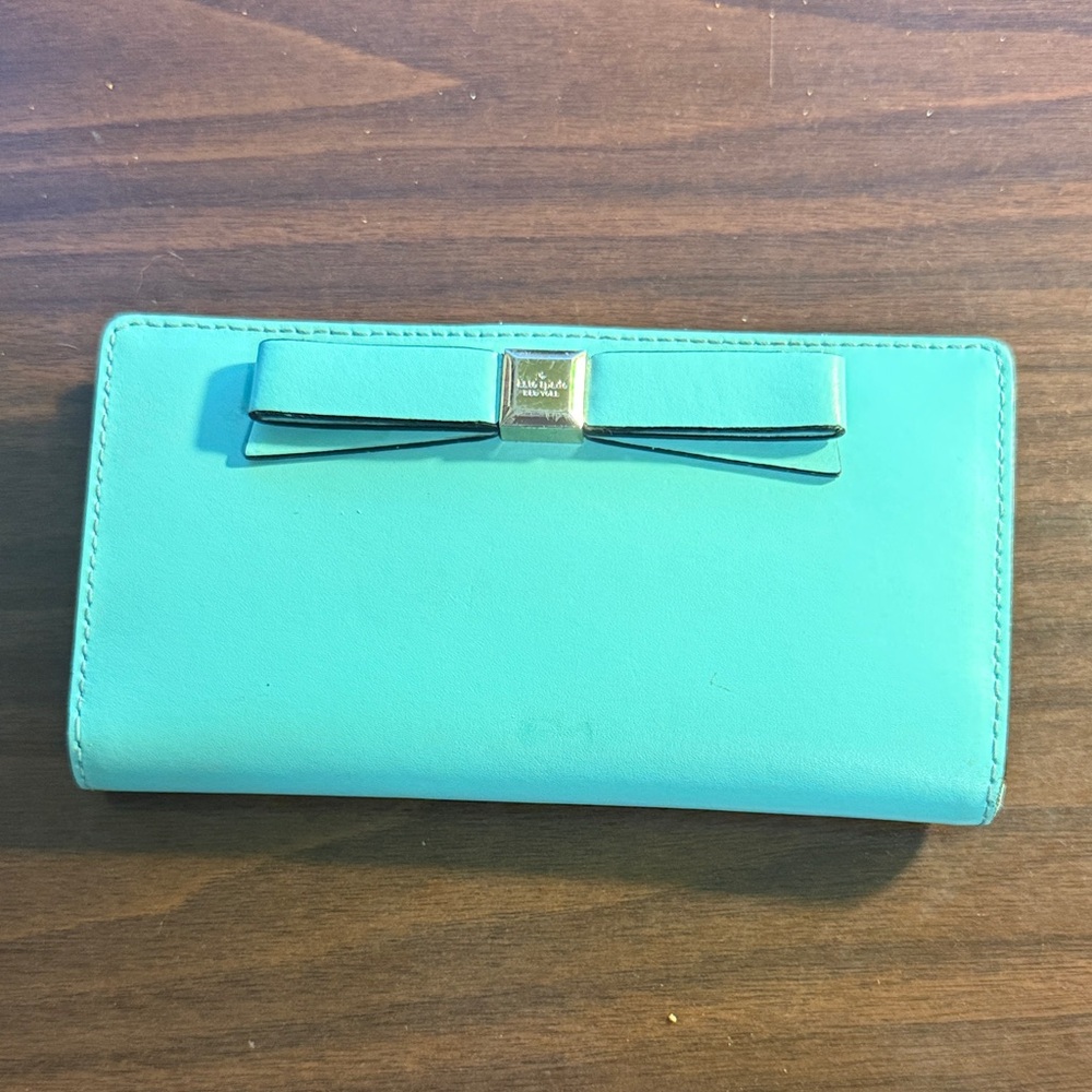 Kate Spade Aqua Wallet with Gold Bow